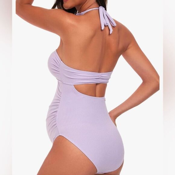 EastElegant Maternity Ruffle Ribbed One Piece Square Ring Linked Suit yellow - Picture 5 of 7